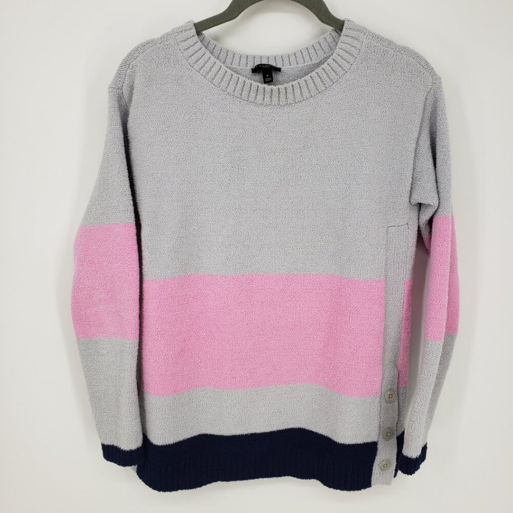 Talbots Cozy Knit Color Block Pullover Sweater XSP Side Button Relaxed Gray Pink